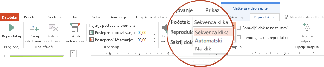 Opcije reprodukcije za video zapis sa računara jesu sledeće: U sekvenci klika, automatski ili kad se klikne na njega