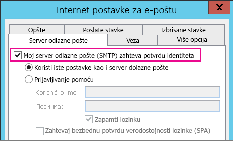 Odaberite stavku Moj server odlazne pošte zahteva potvrdu identiteta.