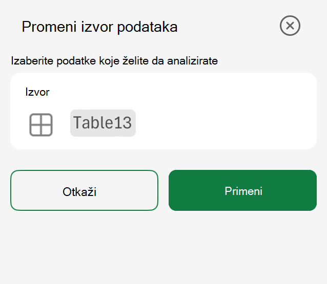 Excel na iPad uređaju menja okno izvora podataka izvedene tabele.