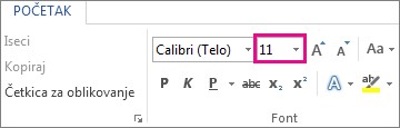 Polje „Veličina fonta“ na kartici „Početak“