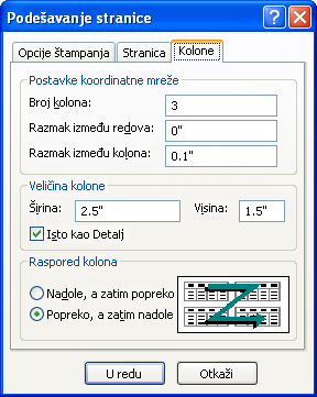 Kartica „Kolone“ u dijalogu „Podešavanje stranice“