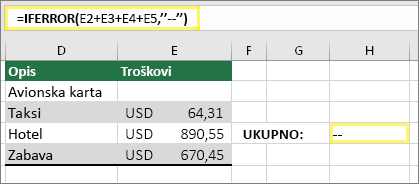 Ćelija H4 sa =IFERROR(E2+E3+E4+E5,"--")