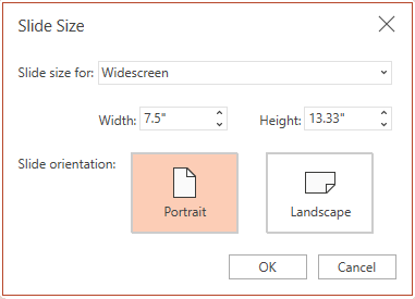 U dijalogu „Veličina slajda“ možete da birate između odnosa širina/visina standardnog ili širokog ekrana, a možete i da birate između položenog ili uspravnog položaja.