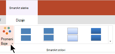 U okviru SmartArt alatke izaberite stavku Promeni boje da biste otvorili galeriju boja