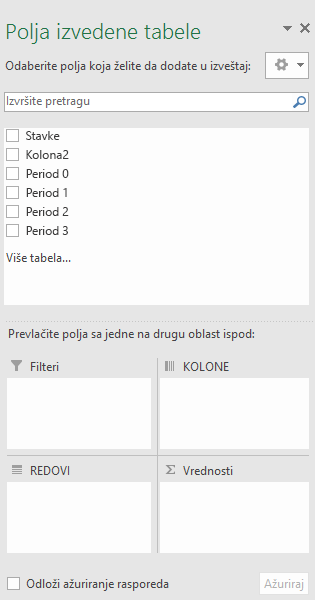 Okno "Polja" izvedene tabele