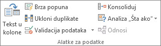 Grupa „Alatke za podatke“ na kartici „Podaci“