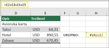 Ćelija H4 sa =E2+E3+E4+E5 i rezultatom #VALUE