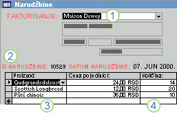 Obrazac „Porudžbine“ istovremeno prikazuje povezane informacije iz pet tabela