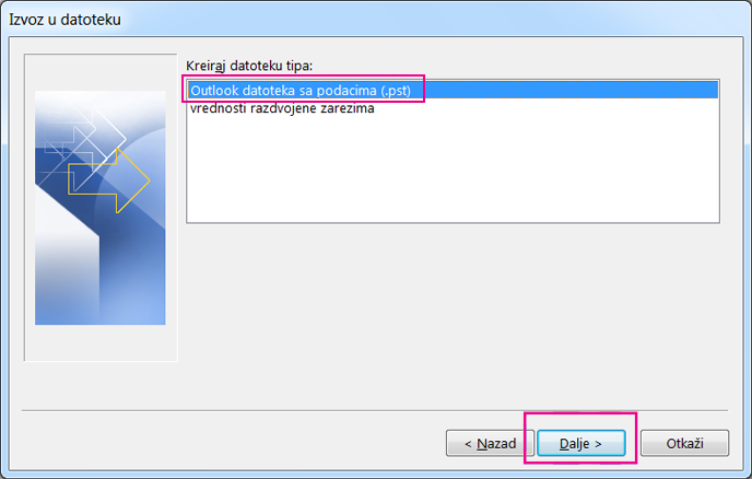 Odaberite Outlook datoteku sa podacima (.pst), a zatim kliknite na dugme „Dalje“