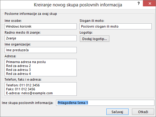 Snimak ekrana dijaloga „Pravljenje novog skupa poslovnih informacija“.