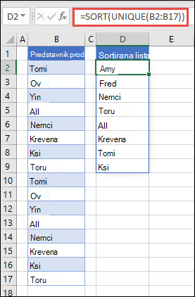 Korišćenje funkcije UNIQUE sa funkcijom SORT za vraćanje liste imena rastućim redosledom