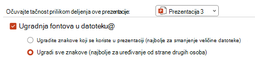 Slika koja prikazuje opcije dostupne za ugrađivanje fontova u PPT prezentaciju.