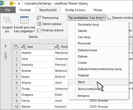 Power Query prozoru sa izabranim tekstom