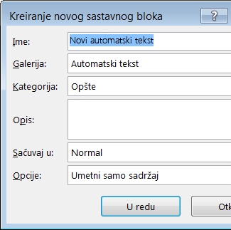 Dijalog „Kreiranje novog sastavnog bloka“