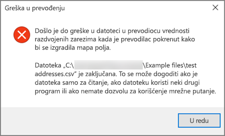 Ovo je poruka o grešci koju ćete dobiti ako datoteka .csv ima loše oblikovane podatke.