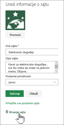 Lokacija za brisanje SharePoint sajta tima