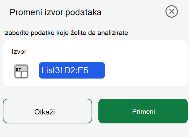 Promena izvora podataka izvedene tabele na iPad uređaju