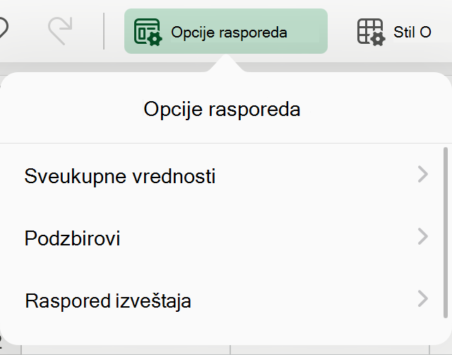 Padajuća lista rasporeda izvedene tabele na iPad uređaju.