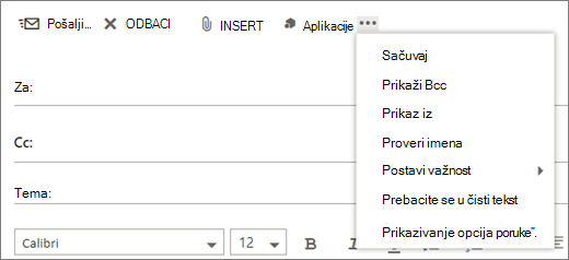 Snimak ekrana prikazuje opcije koje su dostupne sa druge komande na traci sa alatkama e-poruke.