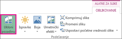 Dugme „Ukloni pozadinu“ u grupi „Prilagođavanje“ na kartici „Oblikovanje alatki za slike“