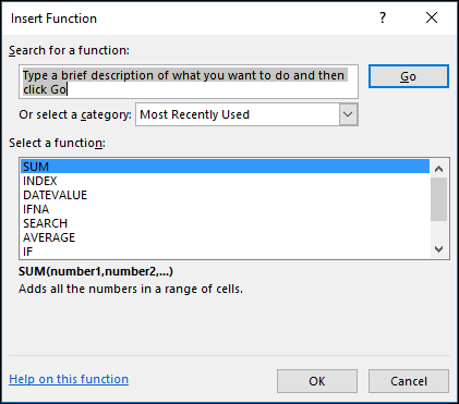 Excel formule – dijalog „Umetanje funkcije“