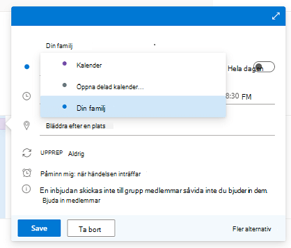 Dialogrutan ny händelse med kalenderlista öppen och din familj markerad.