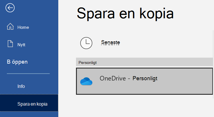 Platslistan på sidan Spara en kopia av ett Word dokument.