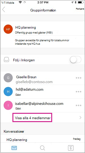 Välj länken Visa alla medlemmar för att Visa grupp medlemmarna