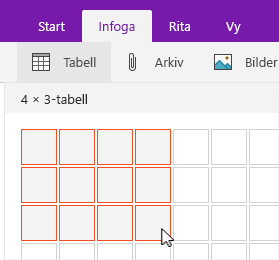 Kommandot Infoga tabell med markeringsrutnät