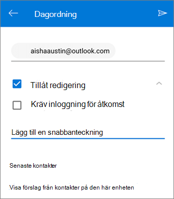 Skärmbild av hur du bjuder in personer att dela en fil från OneDrive för Android