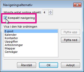 Kommandot Komprimerad navigering i dialogrutan Navigeringsalternativ