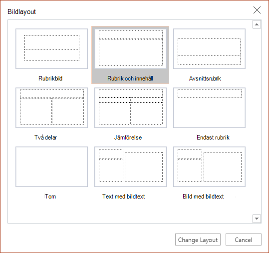 Dialogrutan Bildlayout i PowerPoint för webben.