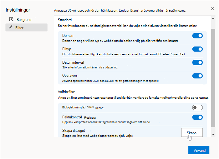 Skärmbild av filteravsnittet i inställningar med en mus som väljer "skapa" när du skapar en egen