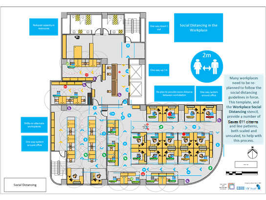 Visio-mall för en planritning med social distansering.