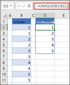 Exempel på att använda =UNIK(B2:B11) för att returnera en unik lista över tal