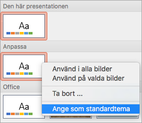 Visar alternativet Ange som standardtema för ett anpassat tema