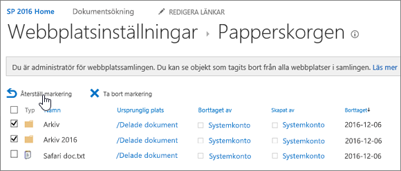 SharePoint 2: a nivåns papperskorg med återställningsknappen markerad