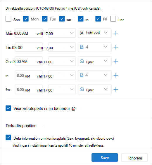 Skärmbild av återkommande arbetstider och platser