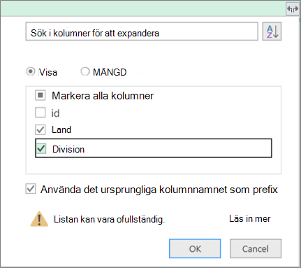 expandera den strukturerade tabellen i frågetabellen