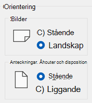 Det finns orienteringsalternativ för bilder och för anteckningar och åhrårån.