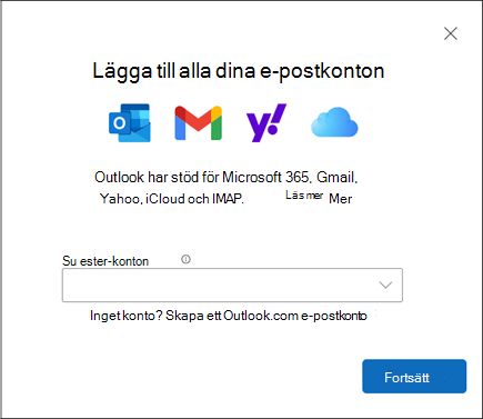 Dialogrutan Lägg till konto i nya Outlook för Windows