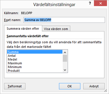 Dialogrutan Värdefältsinställningar i Excel för alternativen för Summera värden efter