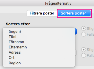 Klicka på Sortera poster om du vill sortera objekten i dokumentkopplingen