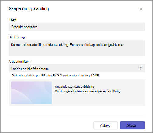 Bild som visar fält för Rubrik och Beskrivning med knapparna Skapa och Avbryt längst ned.