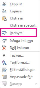 Kommandot Radbryt text på högerklicksmenyn