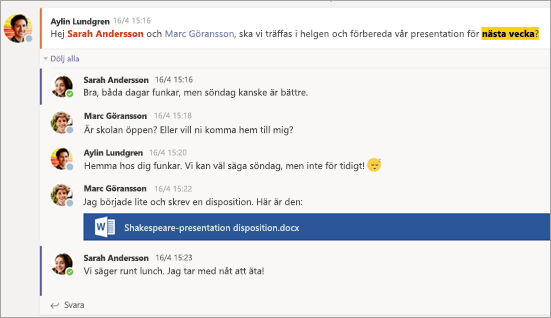 Konversation mellan elever på fliken Konversation.