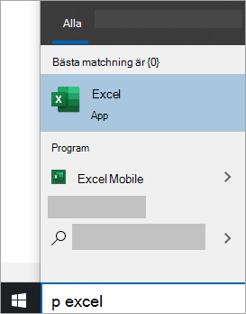 Skärmbild av sökning efter en app i Windows 10 sökning