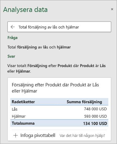 Analysera data i Excel och besvara en fråga om hur många lås ellerhjälmar som sålts.