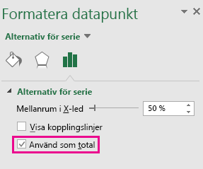 Åtgärdsfönstret Formatera Datapunkt med alternativet Använd som total valt i Office 2016 för Windows