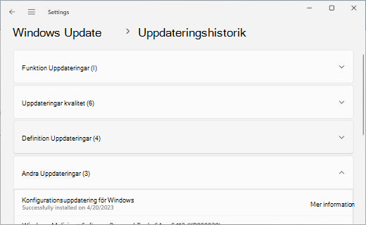 Visar sidan Uppdateringshistorik med avsnittet Annat Uppdateringar expanderat.